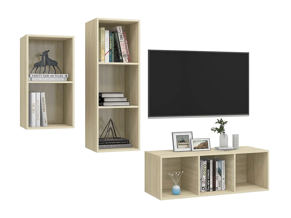 3 pcs conjunto móveis de TV derivados madeira carvalho sonoma PT885168