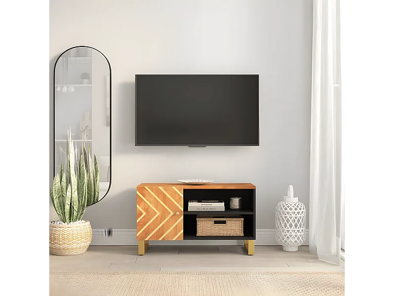 Meuble TV Moderne marron et noir 80x31,5x46 cm bois massif de manguier BE5019
