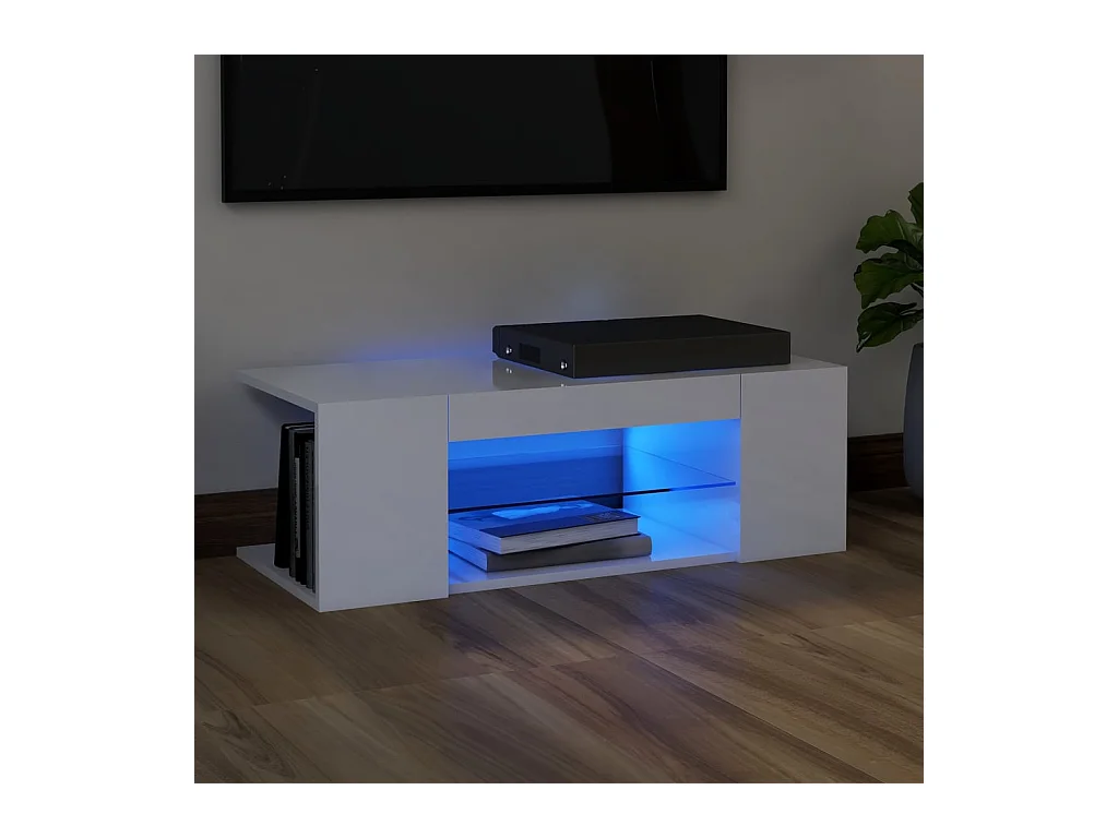 Meuble TV avec lumières LED blanc brillant 90x39x30 cm BE13466