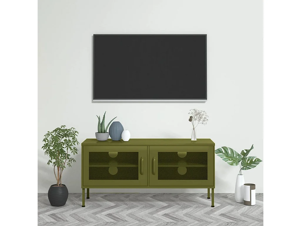 Meuble TV Vert olive 105x35x50 cm Acier BE33799