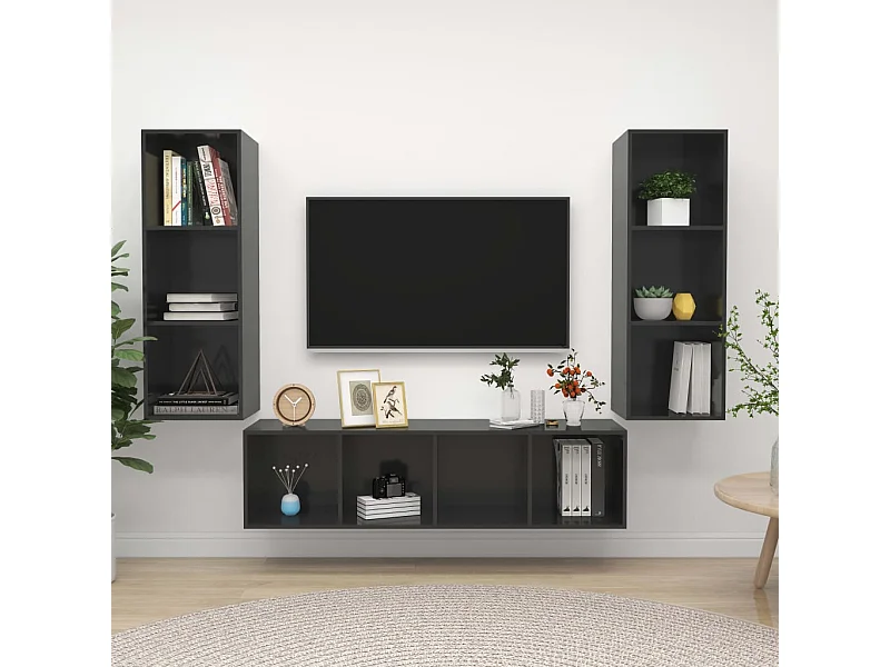 3-tlg. TV-Schrank-Set,TV-Möbel Hochglanz-Grau Holzwerkstoff -gkd136788