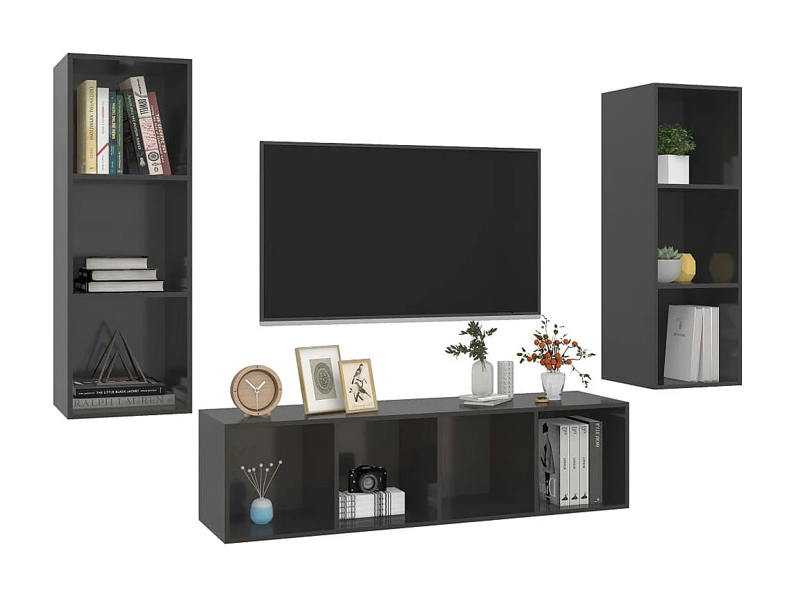 3-tlg. TV-Schrank-Set,TV-Möbel Hochglanz-Grau Holzwerkstoff -gkd136788