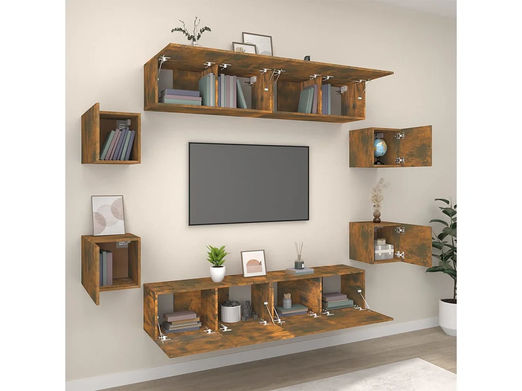 8-tlg. TV-Schrank-Set,TV-Möbel Räuchereiche Holzwerkstoff -gkd875487