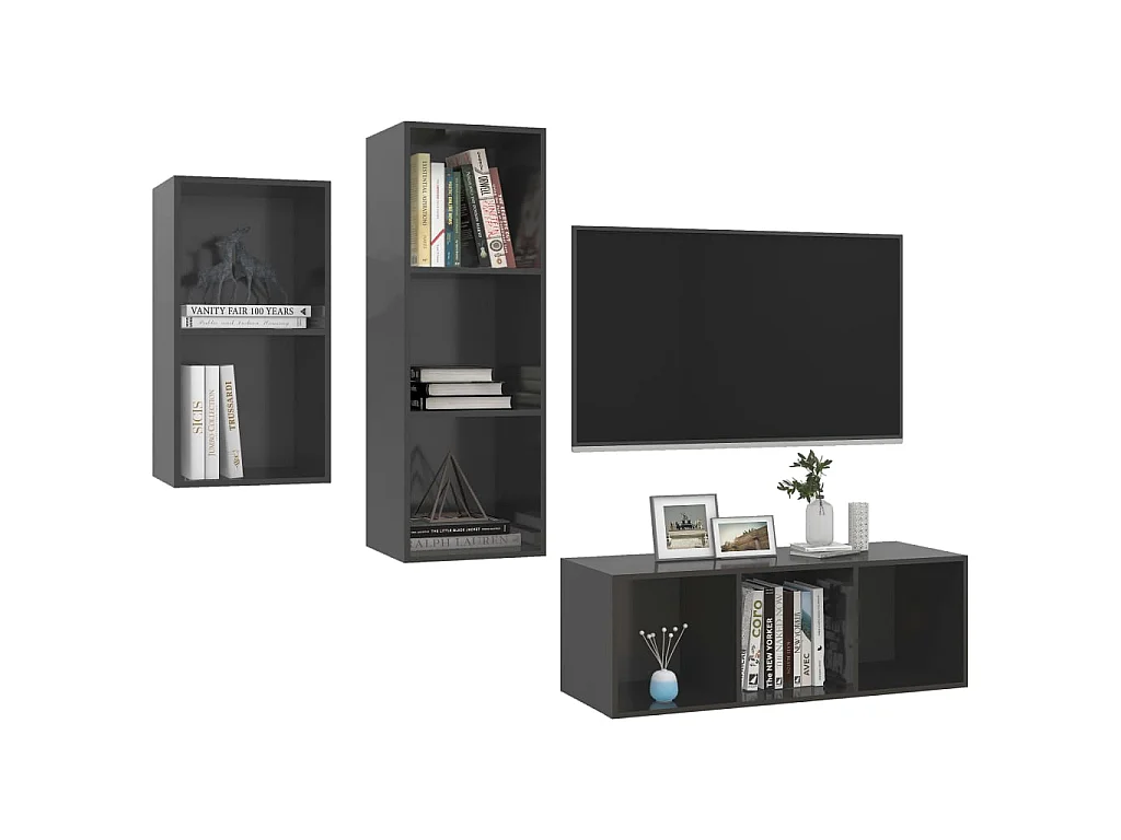 3-tlg. TV-Schrank-Set,TV-Möbel Hochglanz-Grau Holzwerkstoff -gkd980461