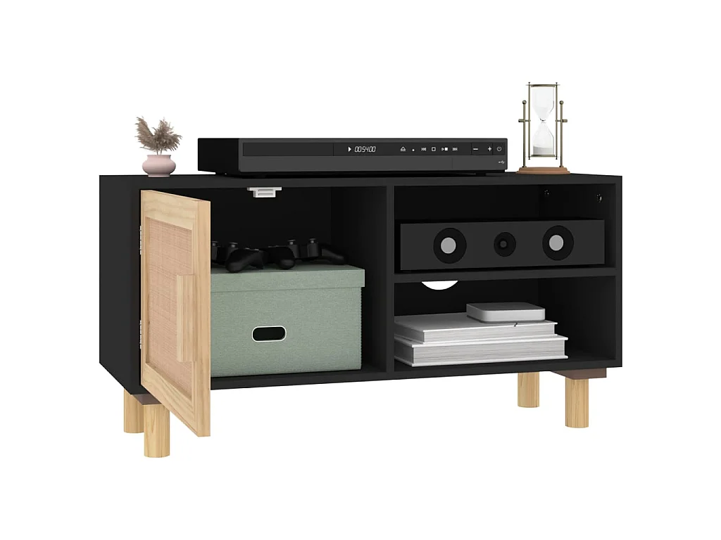 Meuble TV Noir 80x30x40 cm Bois de pin massif et rotin naturel BE96167