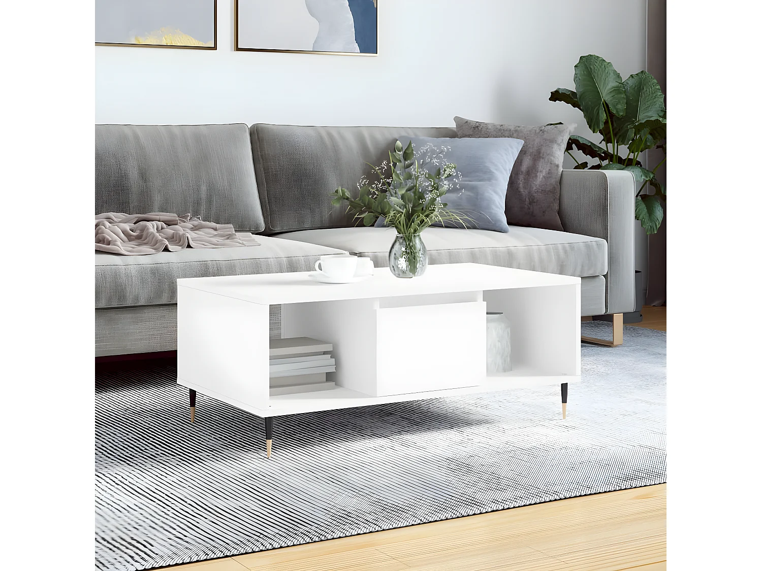 Table basse Blanc 90x50x36,5 cm Bois d'ingénierie OFR72047 BonneVie Meuble