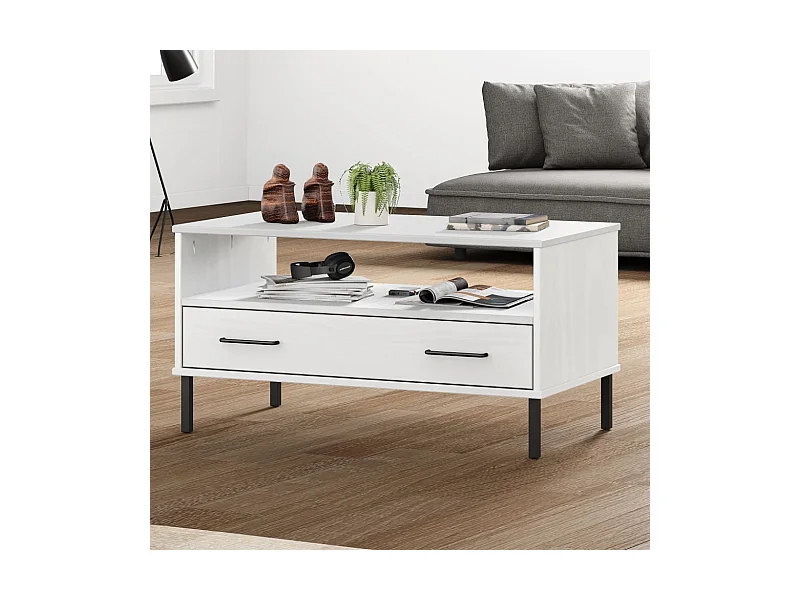Mesa de centro com pernas de metal madeira maciça OSLO branco PT920862