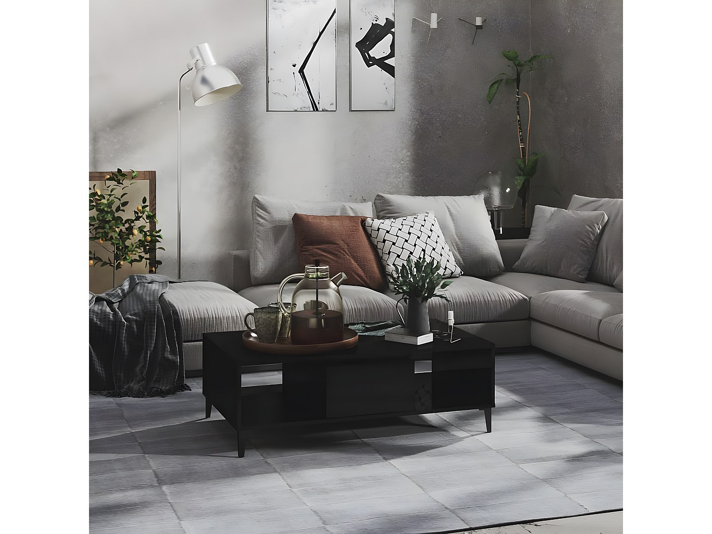 Tavolino Salotto SKM Stile Industriale - 103.5x60x35 Cm, Grigio Cemento, Legno E Metallo, Con Ripiani