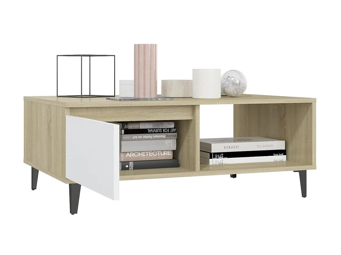 Salontafel 90x60x35 cm spaanplaat wit en sonoma eikenkleurig NL23955