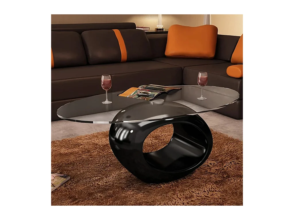 Table basse avec dessus de table en verre ovale Noir brillant OFR50406 BonneVie Meuble