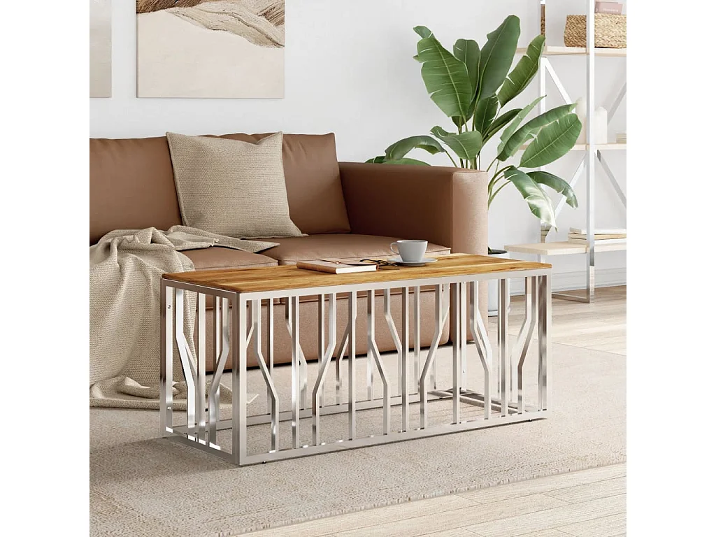 Mesa de centro acero inoxidable y madera maciza acacia plateada ES82513