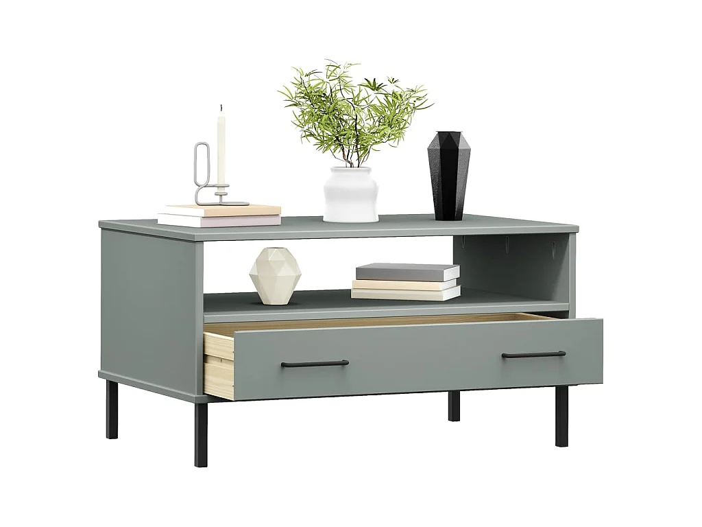 Mesa de centro patas metal OSLO madera maciza gris 85x50x45 cm ES68900