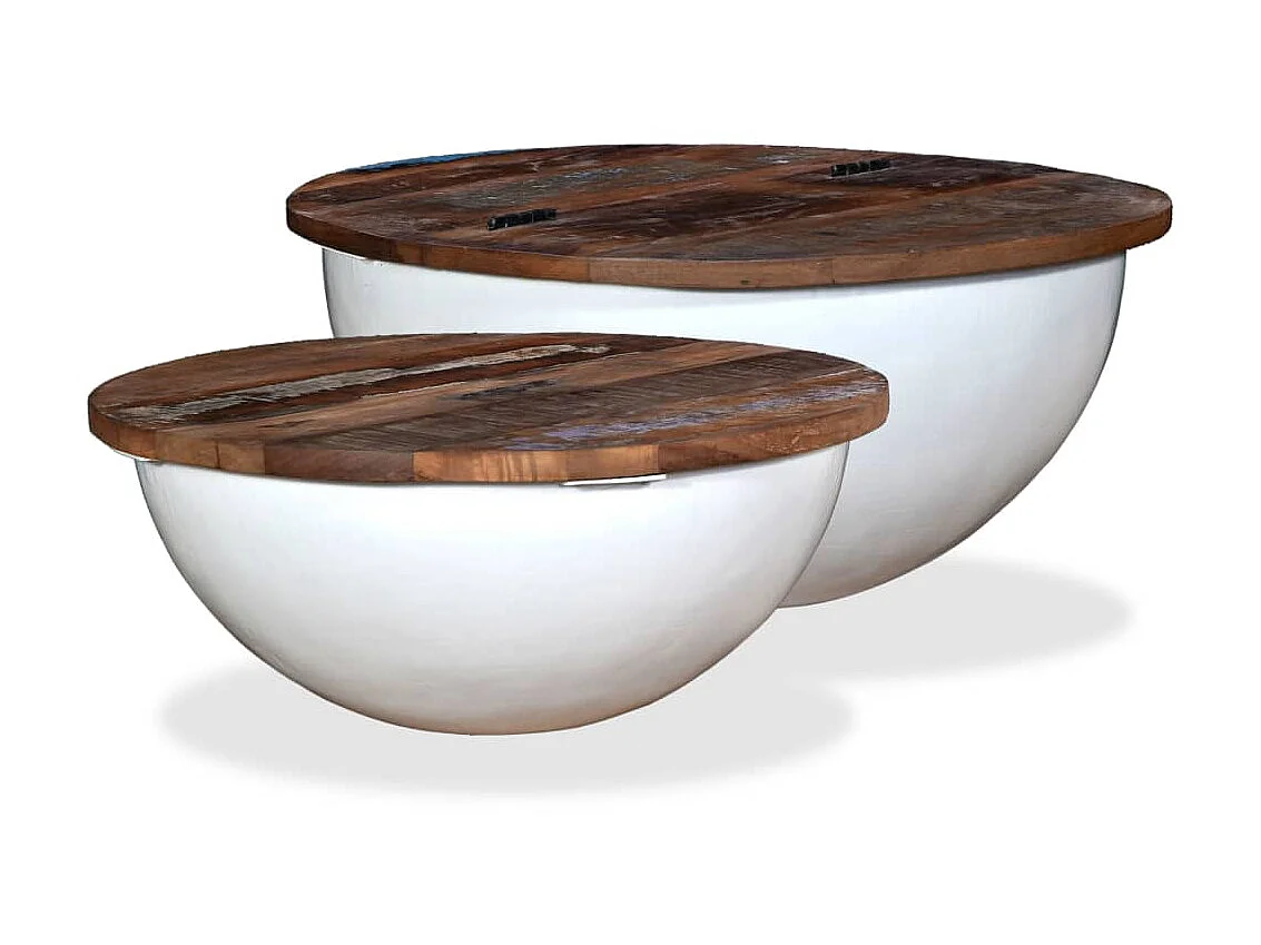 Set mesa de centro forma de bol 2 uds madera reciclada blanco ES30695