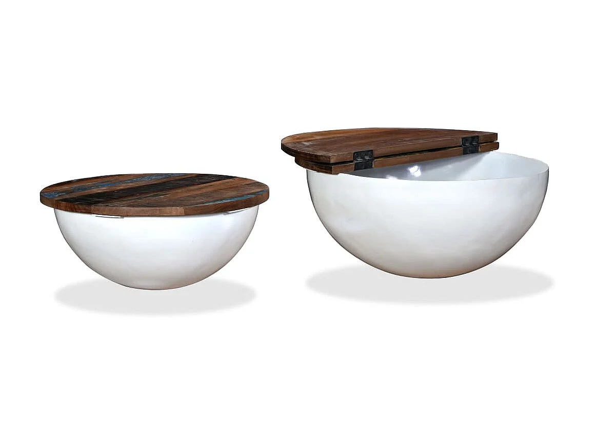 Set mesa de centro forma de bol 2 uds madera reciclada blanco ES30695