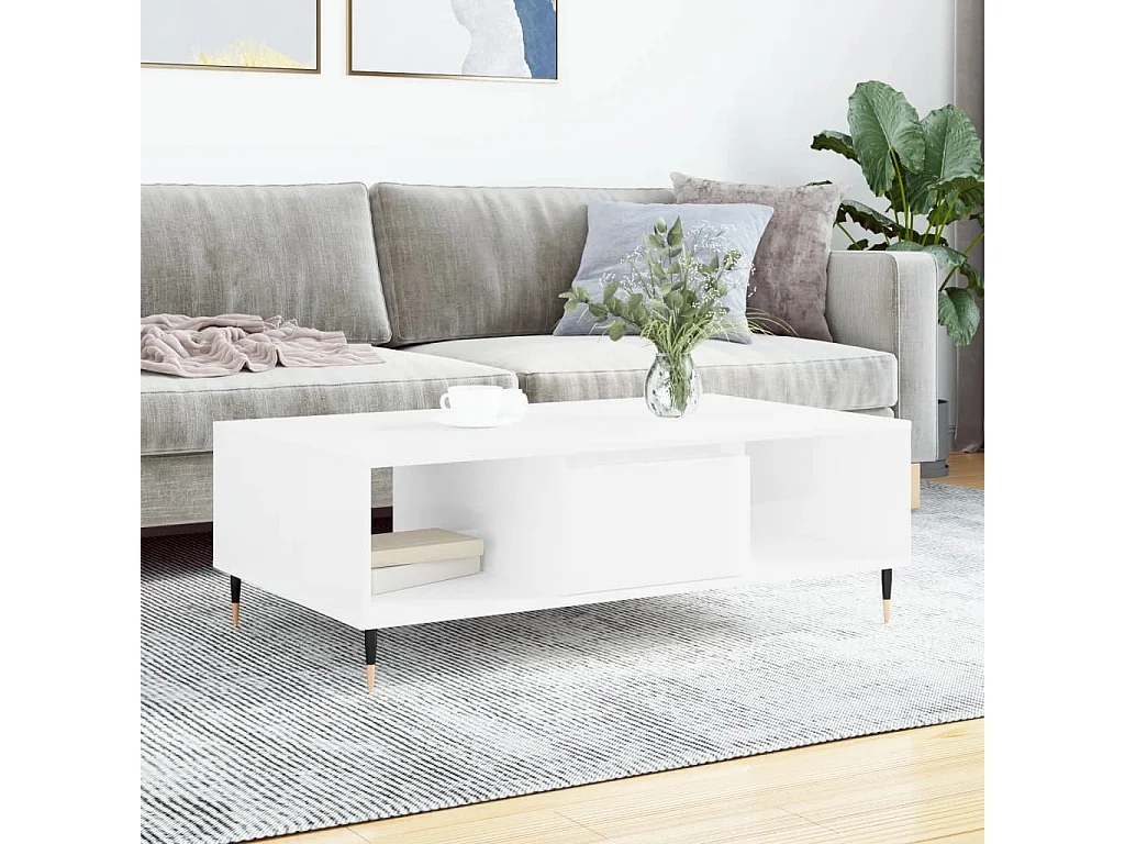 Table basse blanc brillant 104x60x35 cm bois d'ingénierie OFR98173 BonneVie Meuble