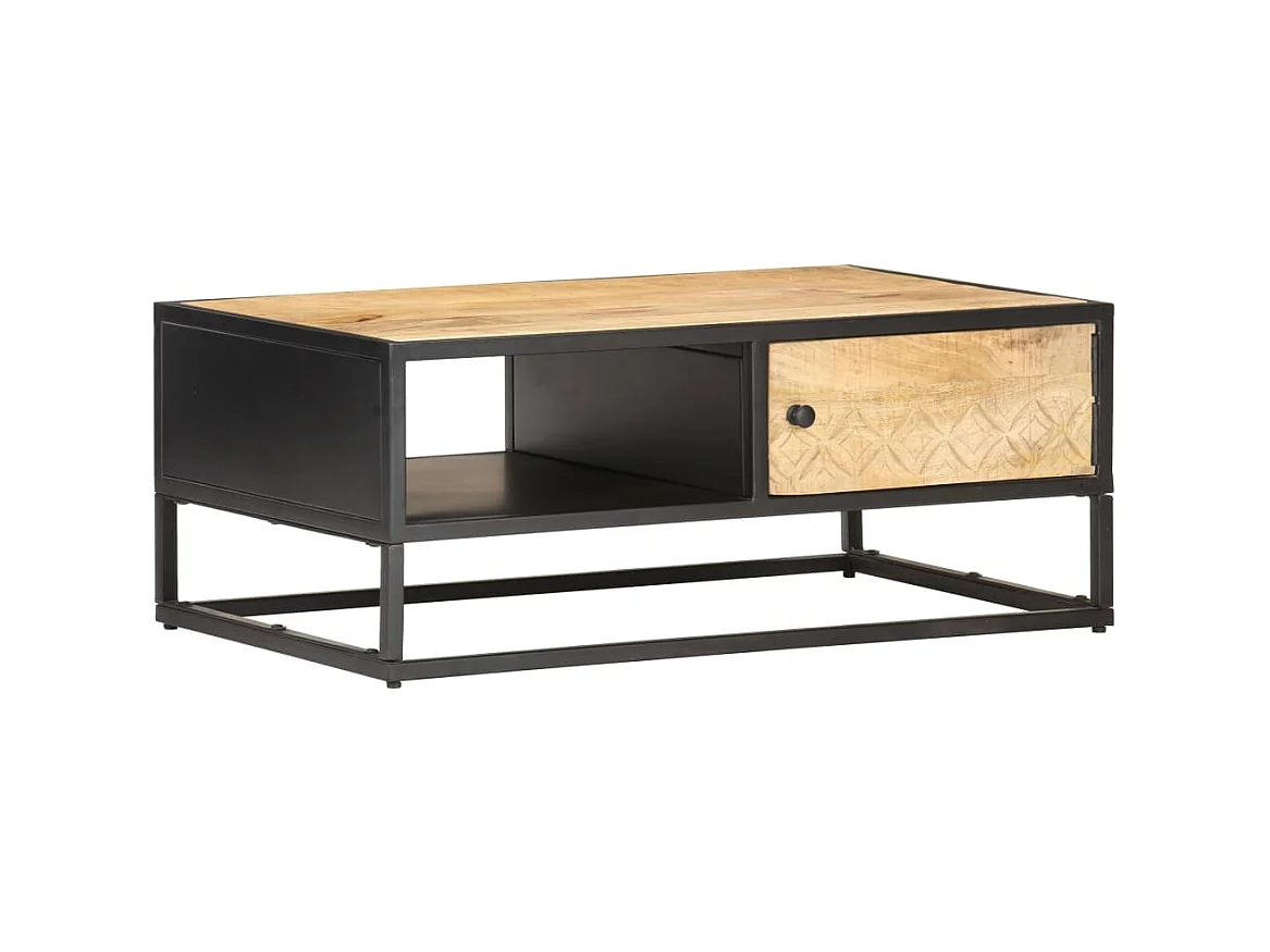 Table basse à porte sculptée 90x55x36 cm Bois de manguier brut OFR97103 BonneVie Meuble