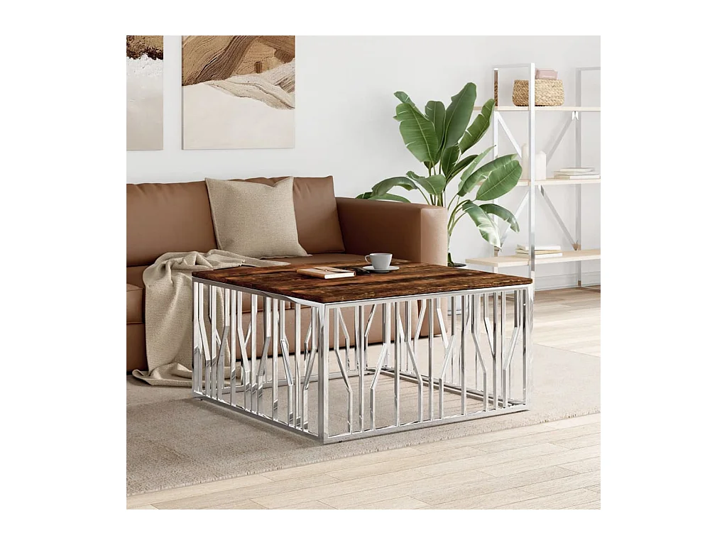 Table basse argenté acier inoxydable/bois massif récupération OFR64955 BonneVie Meuble