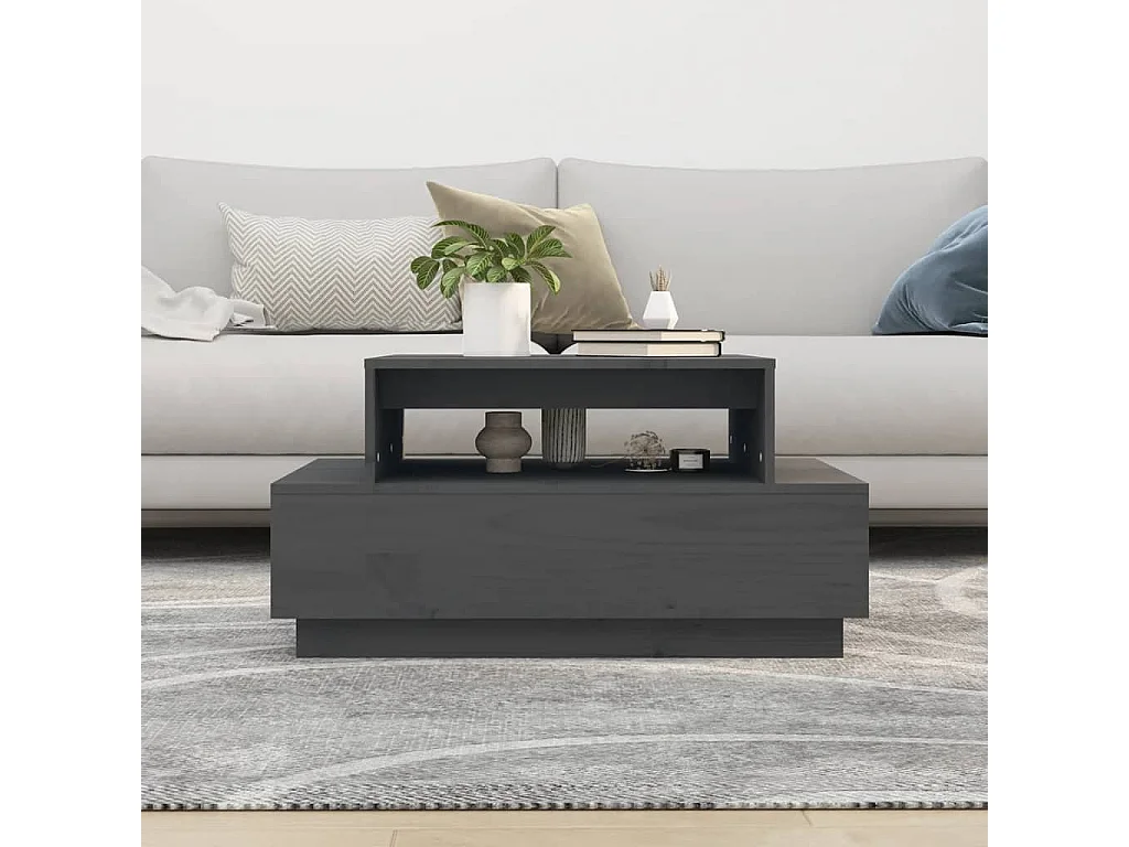 Mesa de centro madera maciza de pino gris 80x55x40,5 cm ES50444