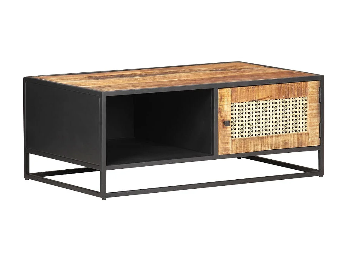 Mesa de centro madera de mango rugosa y caña natural 90x50x35cm ES27125