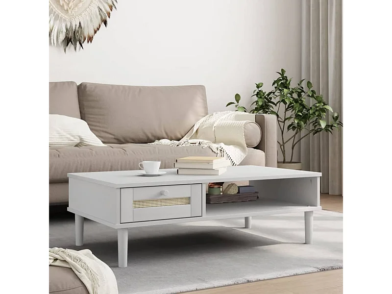 Table basse SENJA aspect rotin blanc 100x55x33 cm bois massif OFR85413 BonneVie Meuble
