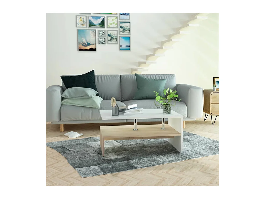 Mesa de centro madera de ingeniería blanco y roble 90x59x42 cm ES54023