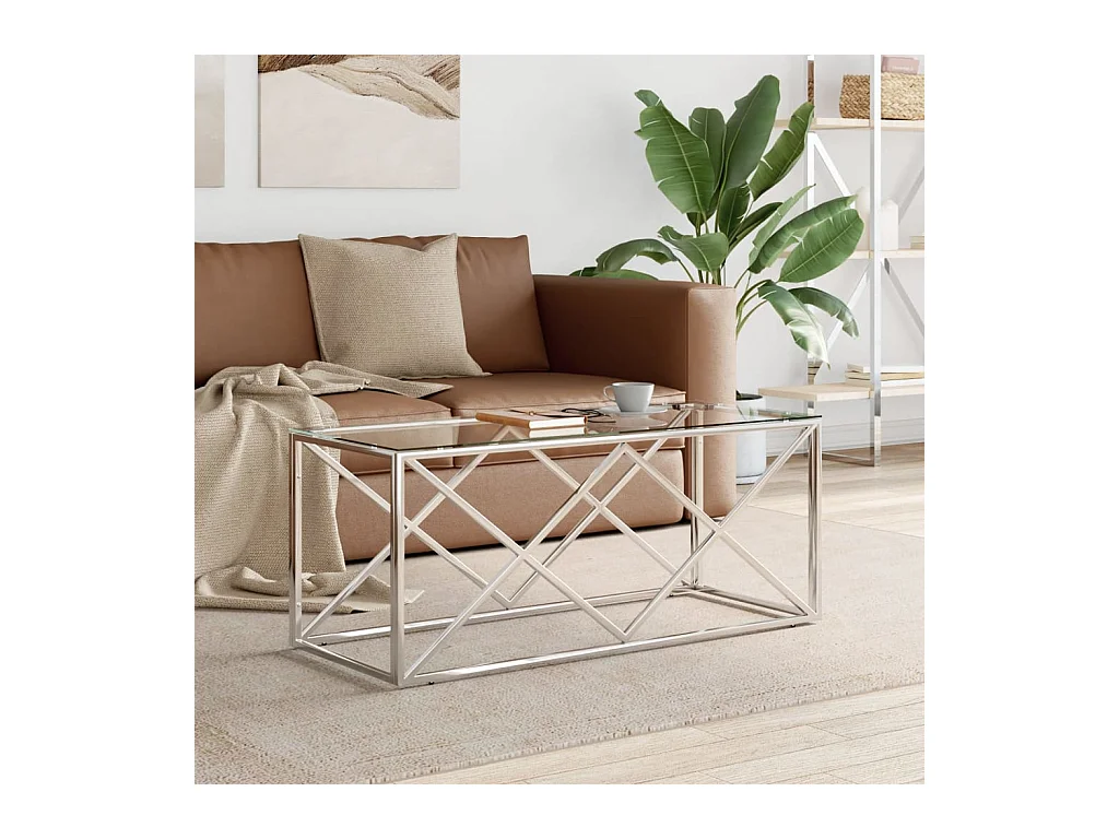 Table basse 110x45x45 cm acier inoxydable et verre OFR57926 BonneVie Meuble