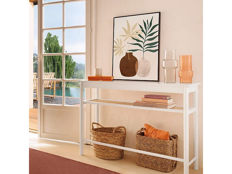 Meuble Console 2 niveaux en Bois Blanc et Cannage en Rotin H 80 cm