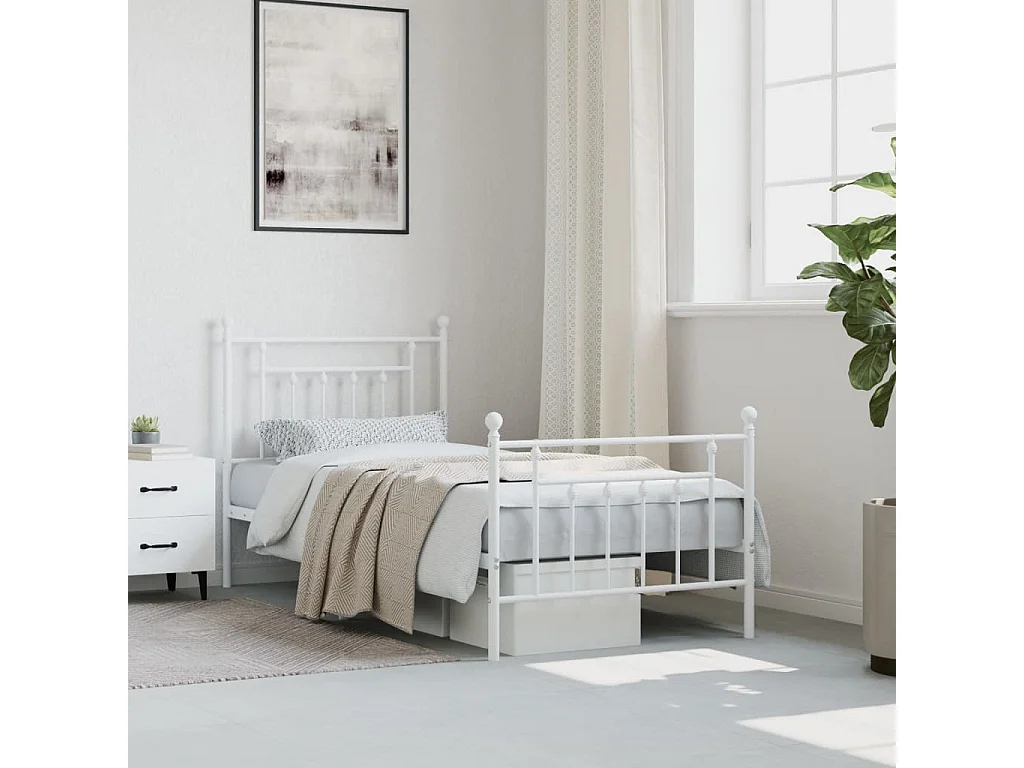 Lit-90x190 cm métal avec tête de lit/pied de lit blanc EGGB39754