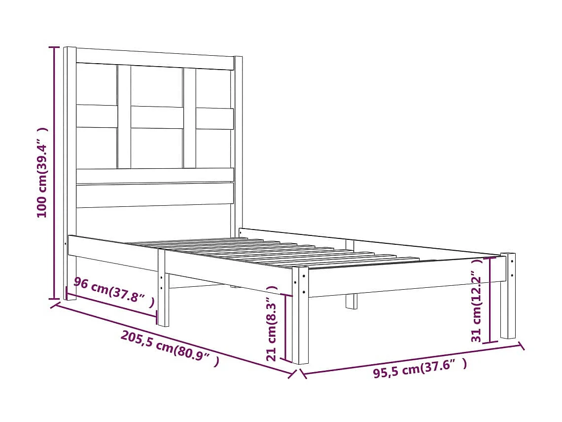 Cama 90 x 200 cm pinho maciço PT331937