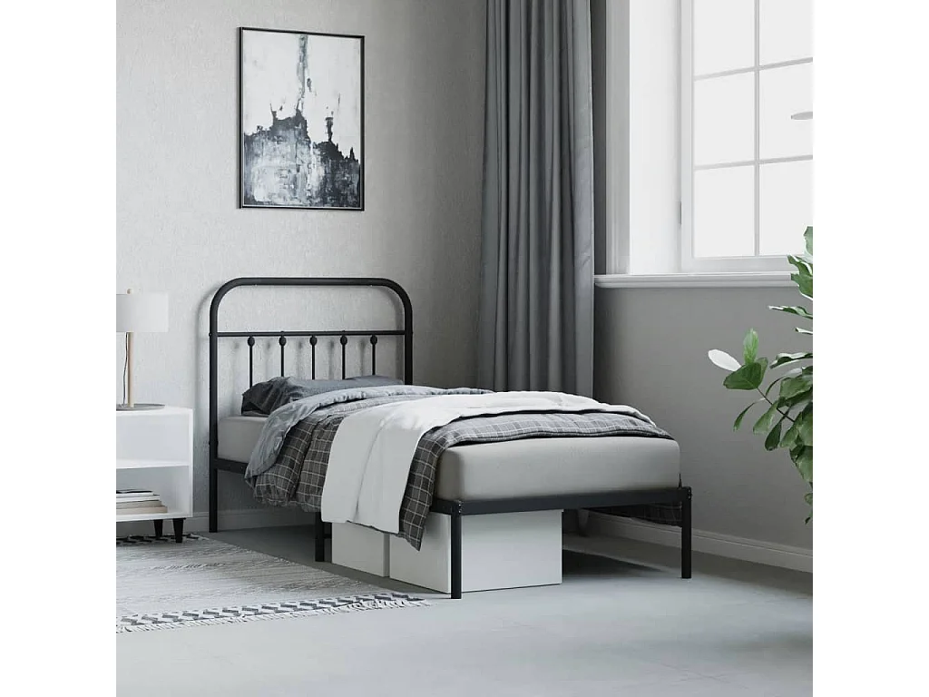 Lit-90x190 cm métal avec tête de lit noir EGGB88248