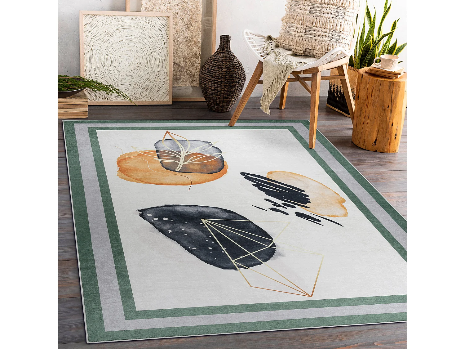 ANDRE 1088 tapijt wasbaar Abstractie kader antislip - wit / groente 80x150 cm