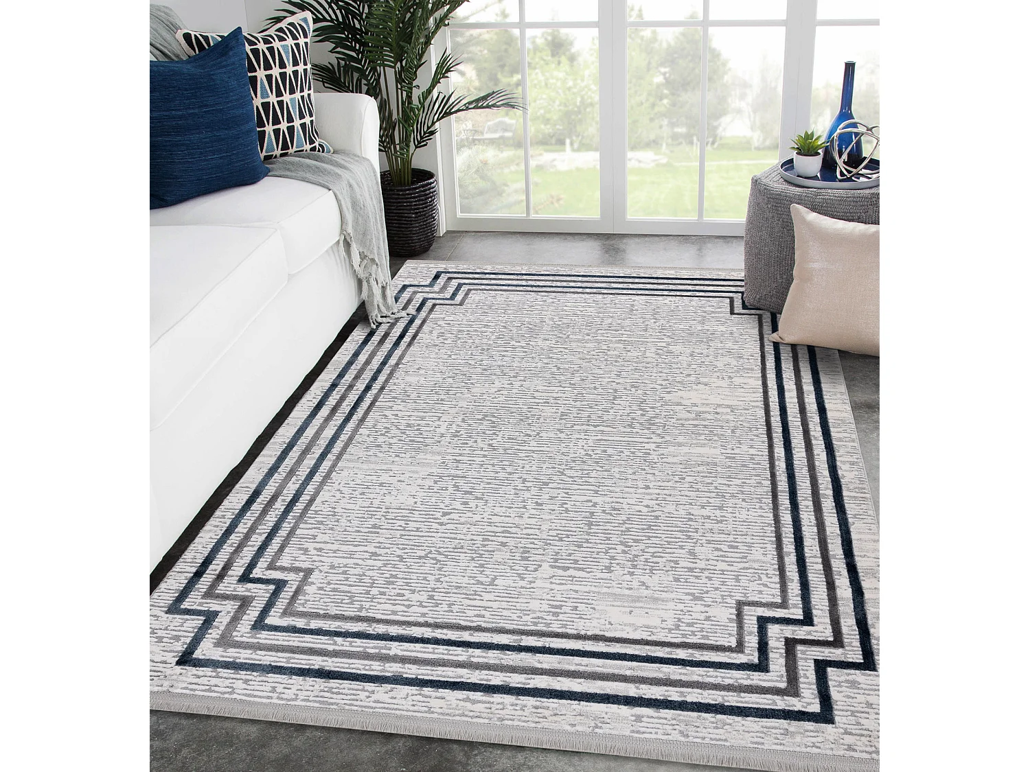 Tapijt modern TULS 51242 frame ivoorkleur / blauw 120x170 cm