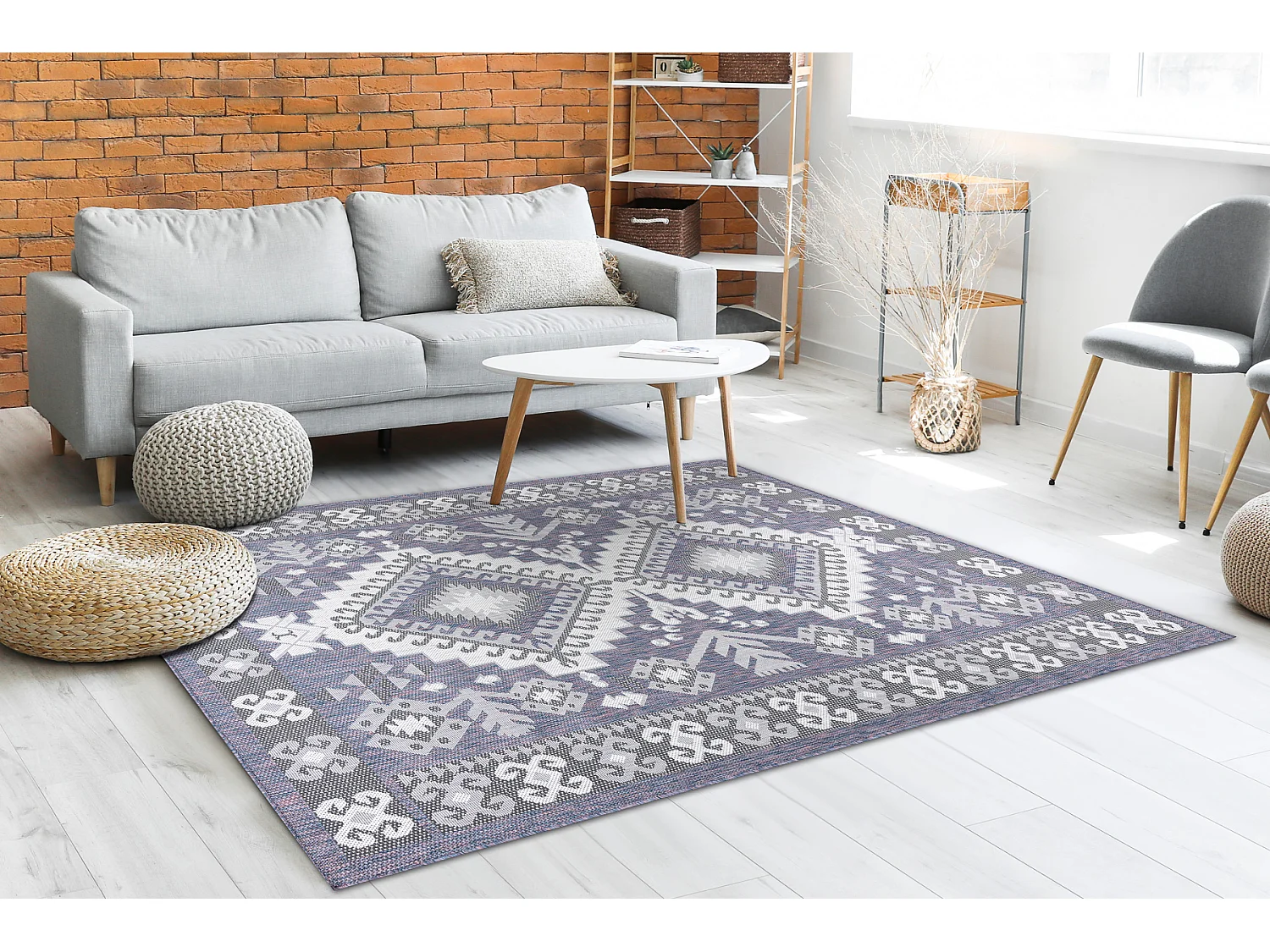 Tapis SIZAL SION aztèque 3007 tissé à plat bleu / rose / ecru 200x290 cm