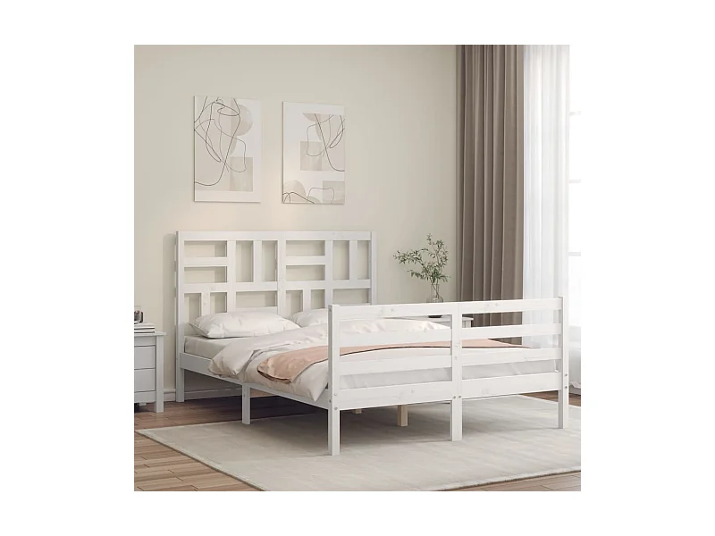 Cama de adulto de casal c/ cabeceira madeira maciça branco PT574191