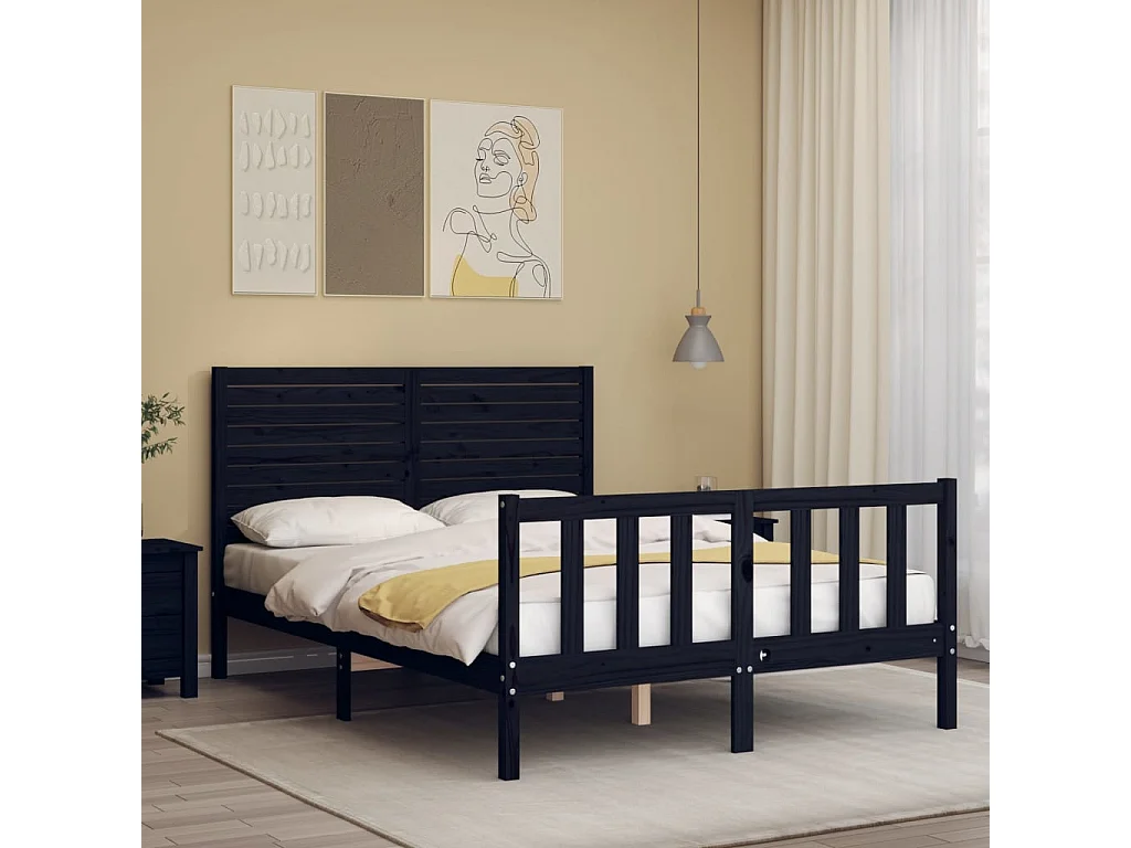 Lit-135x190 cm avec tête de lit noir double bois massif EGGB47798