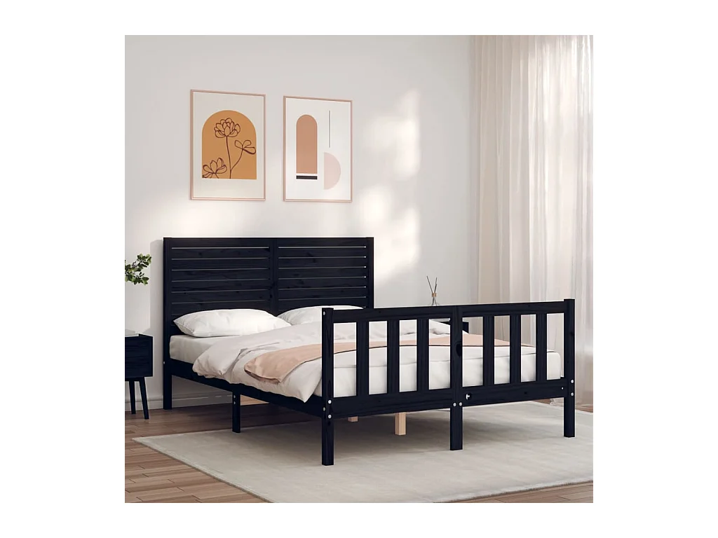 Lit-135x190 cm avec tête de lit noir double bois massif EGGB47798