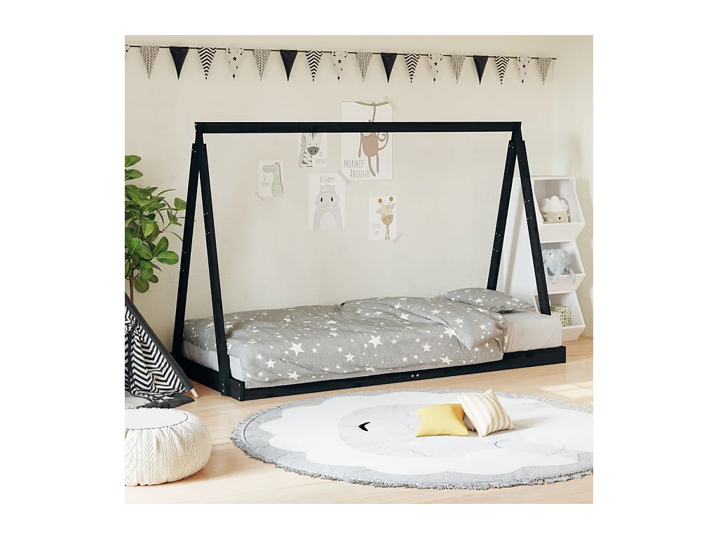 Lit-90x190 cm pour enfants noir bois de pin massif EGGB94802