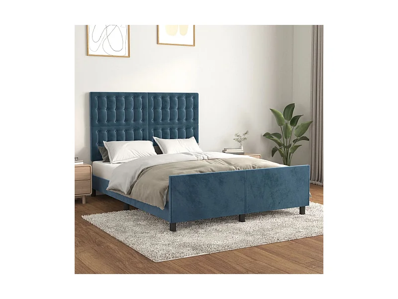 Cama c/ cabeceira 140x190 cm veludo azul-escuro PT699260