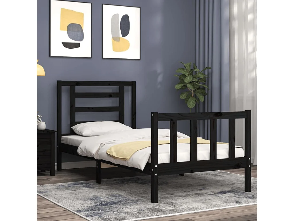 Lit-75x190 cm avec tête de lit noir petit simple bois massif EGGB46094