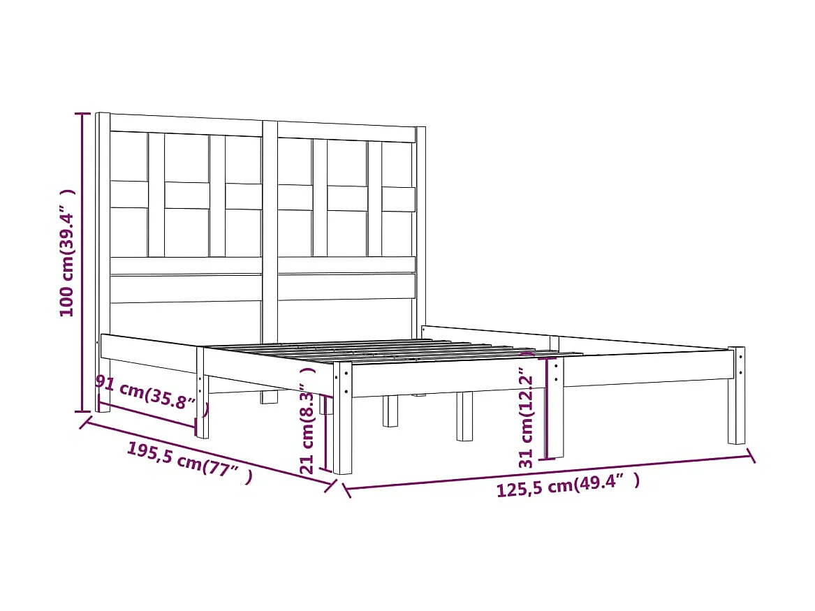 Cama pequena casal 120x190 cm pinho maciço branco PT623155