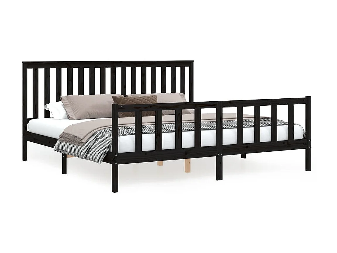 Lit-200x200 cm et tête de lit noir bois de pin massif EGGB30392