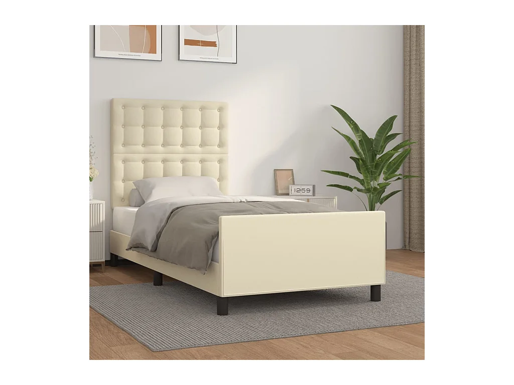 Cama 90x190 cm con cabecero cuero sintético crema ES57130