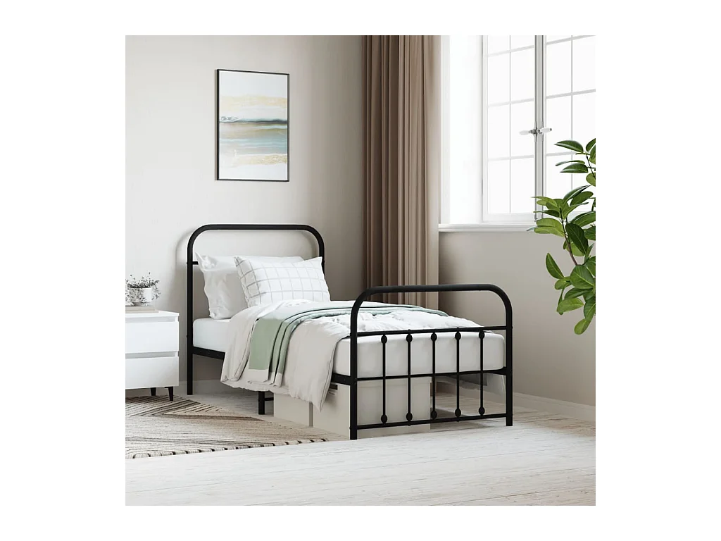 Cama 90x200 cm con cabecero y estribo metal negro ES96621