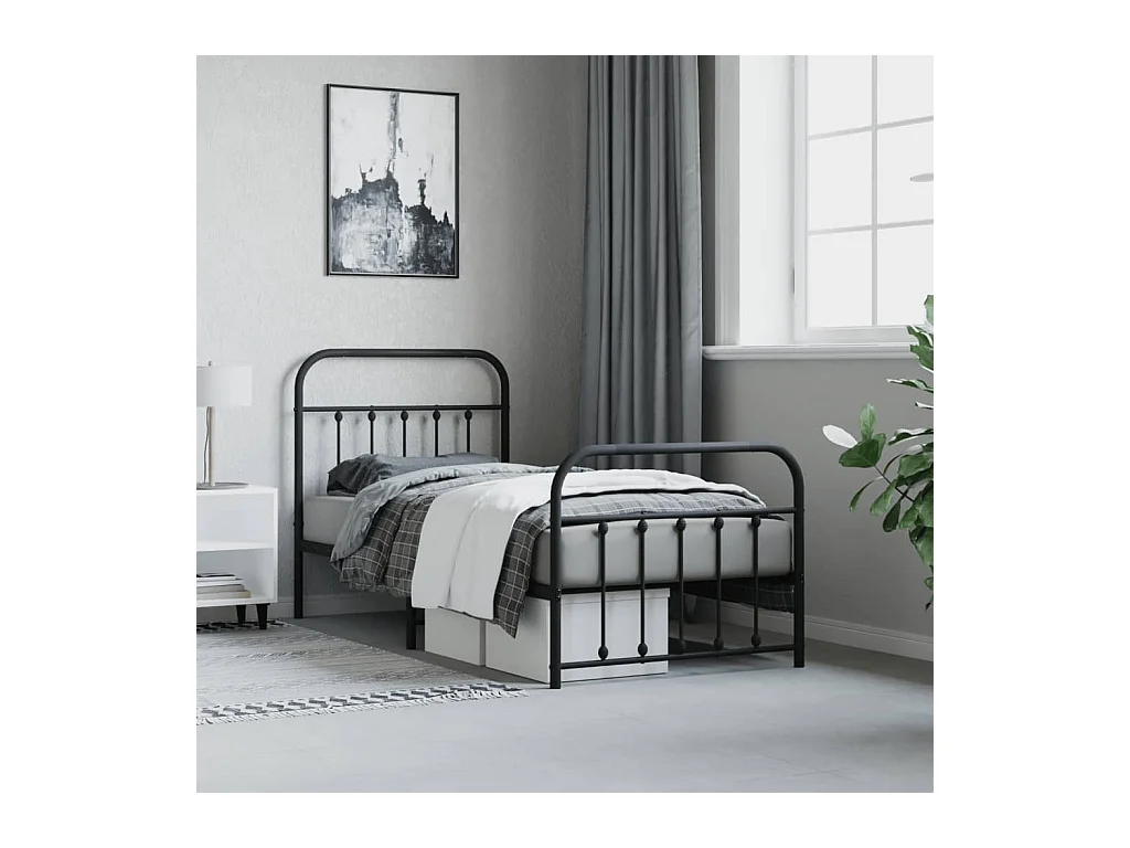 Cama 90x200 cm con cabecero y estribo metal negro ES96621