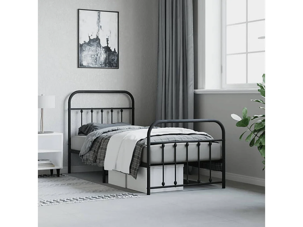 Lit-90x200 cm métal avec tête de lit/pied de lit noir EGGB55873