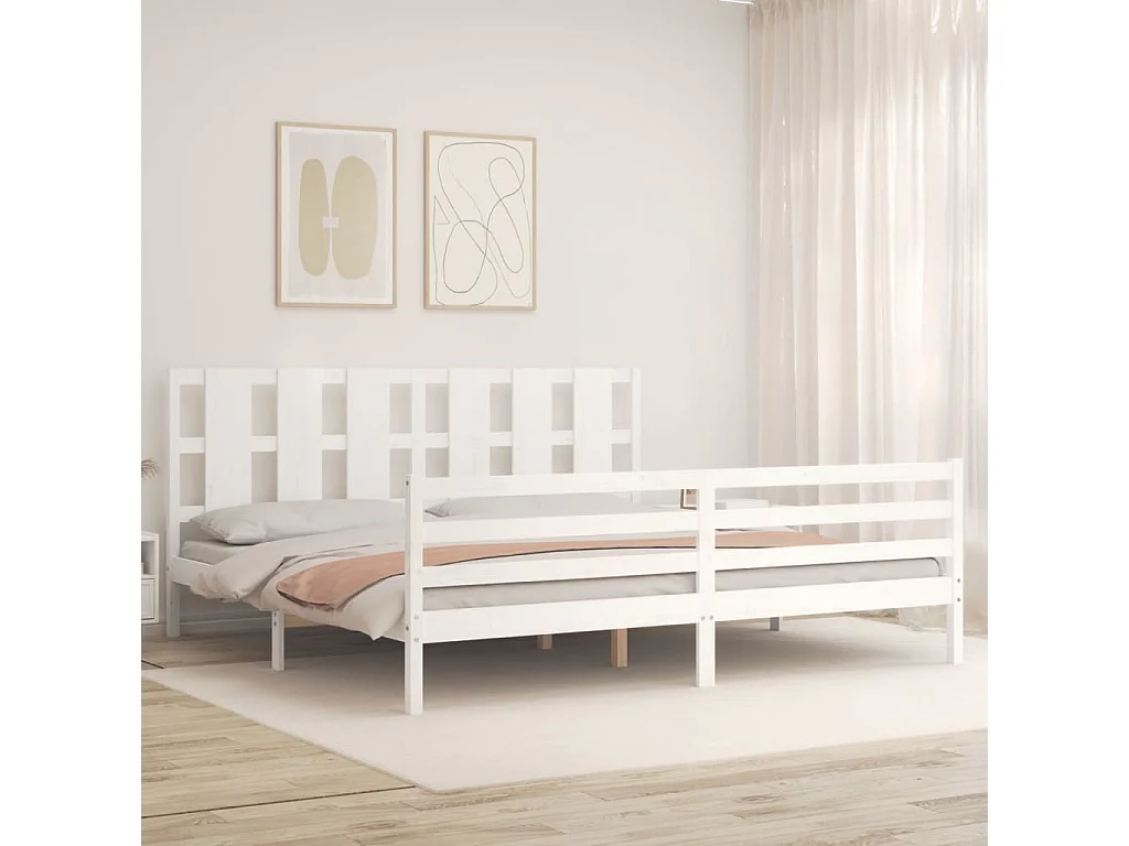 Lit-180x200 cm avec tête de lit blanc Super King bois massif EGGB41399