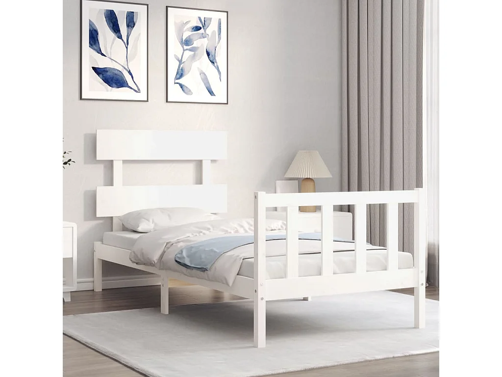 Lit-90x190 cm avec tête de lit blanc simple bois massif EGGB44471