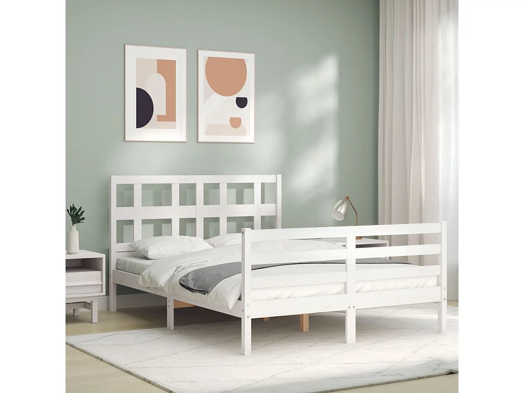 Cama 140x190 cm con cabecero madera maciza blanco ES64356