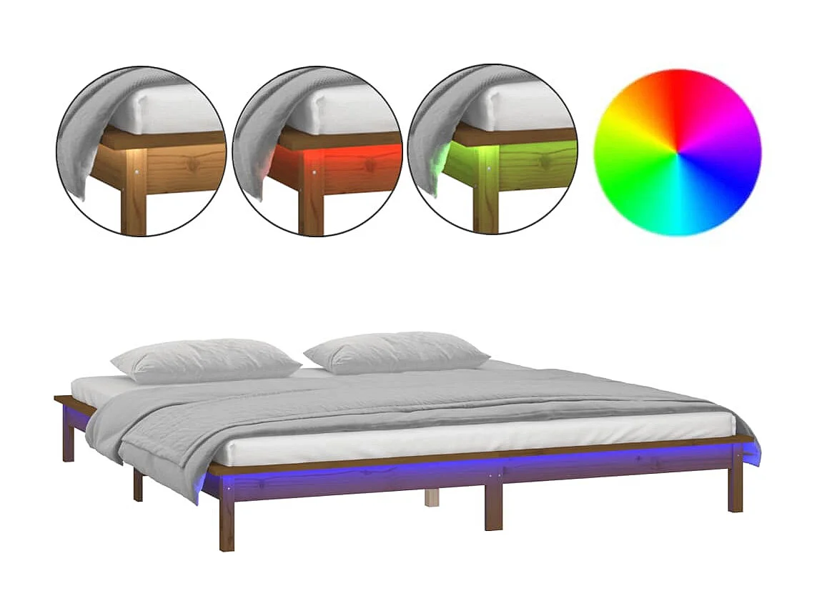 Lit-200x200 cm à LED marron miel bois massif EGGB69430