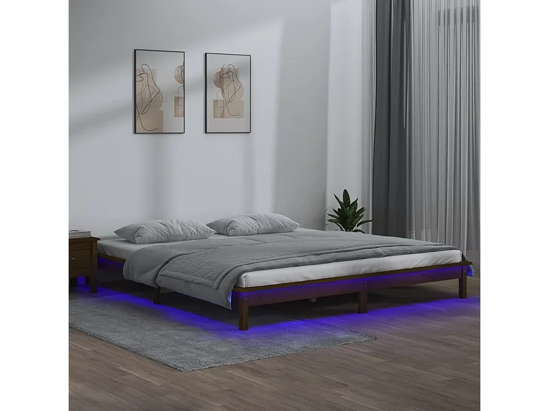 Lit-200x200 cm à LED marron miel bois massif EGGB69430
